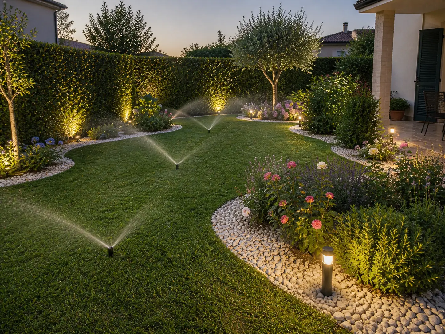 Immagine di giardino con irrigatori funzionanti