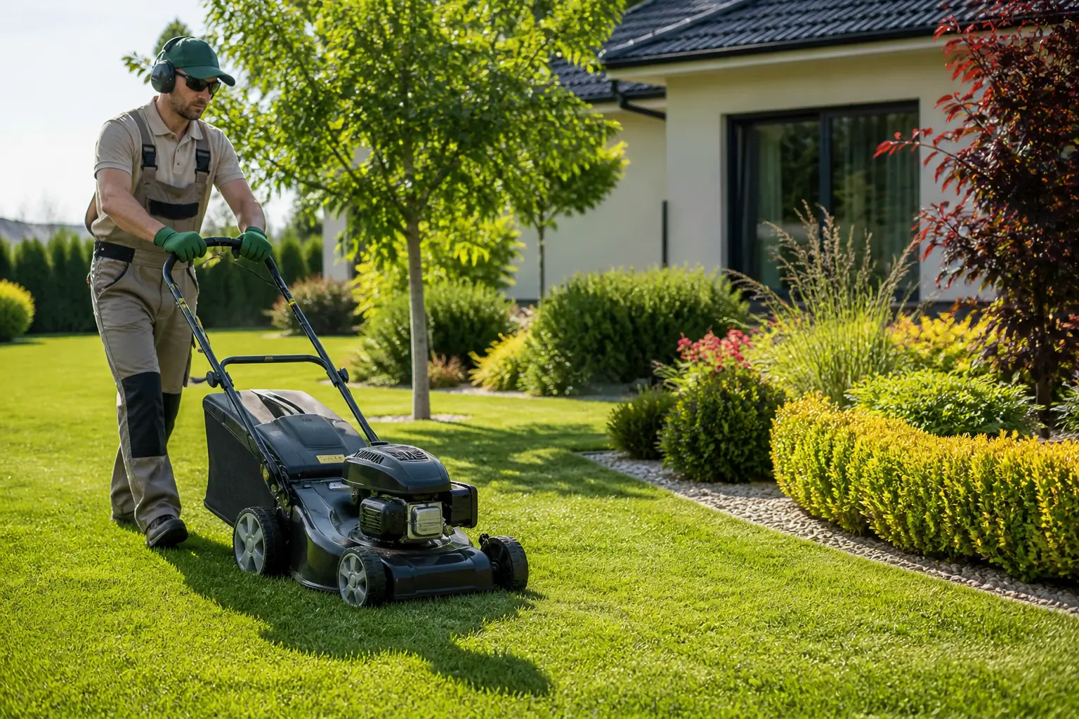 Professionista che taglia l' erba di un giardino