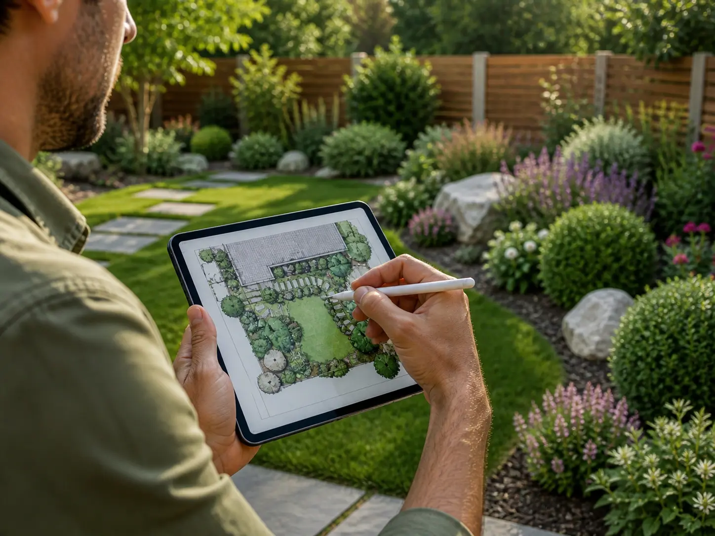 Immagine di professionista che mostra sul tablet un progetto di un giardino