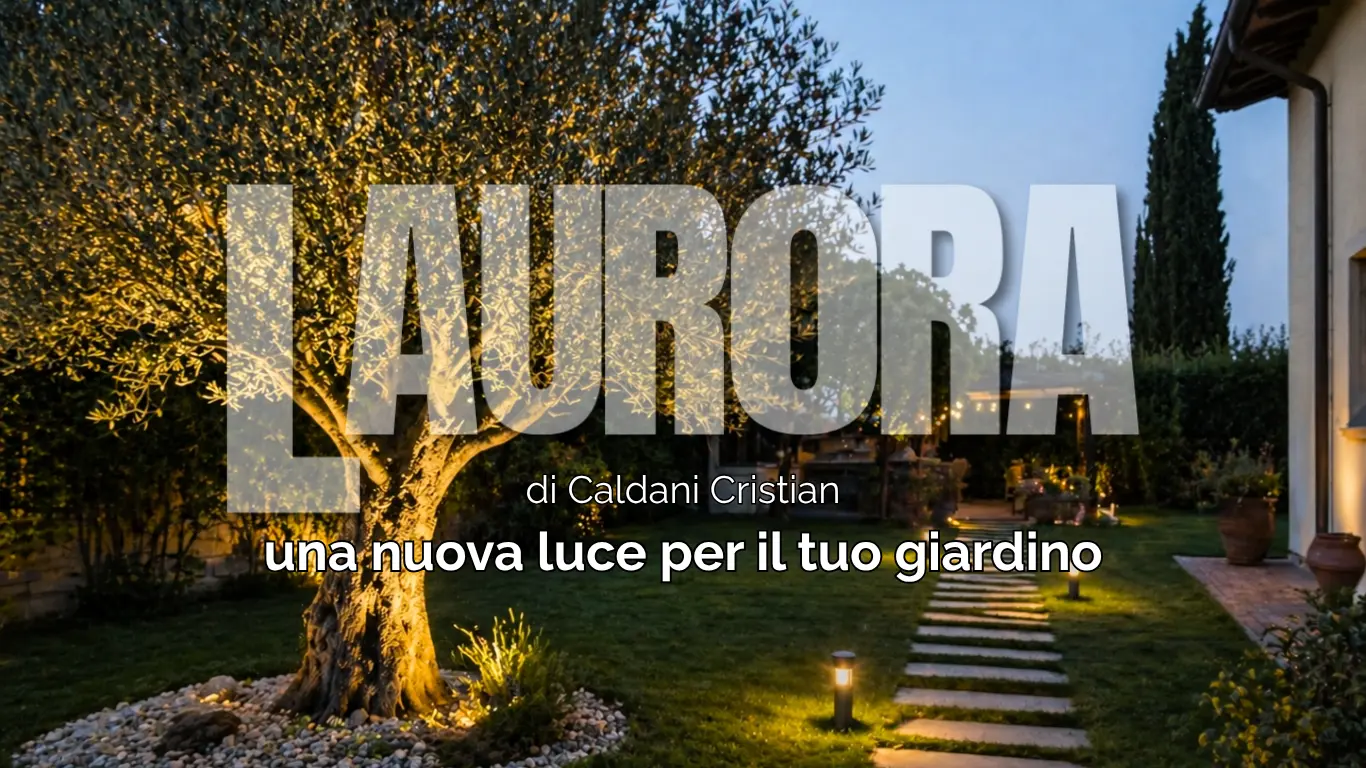 Immagine raffigurante un giardino con un ulivo illuminato e la scritta 
