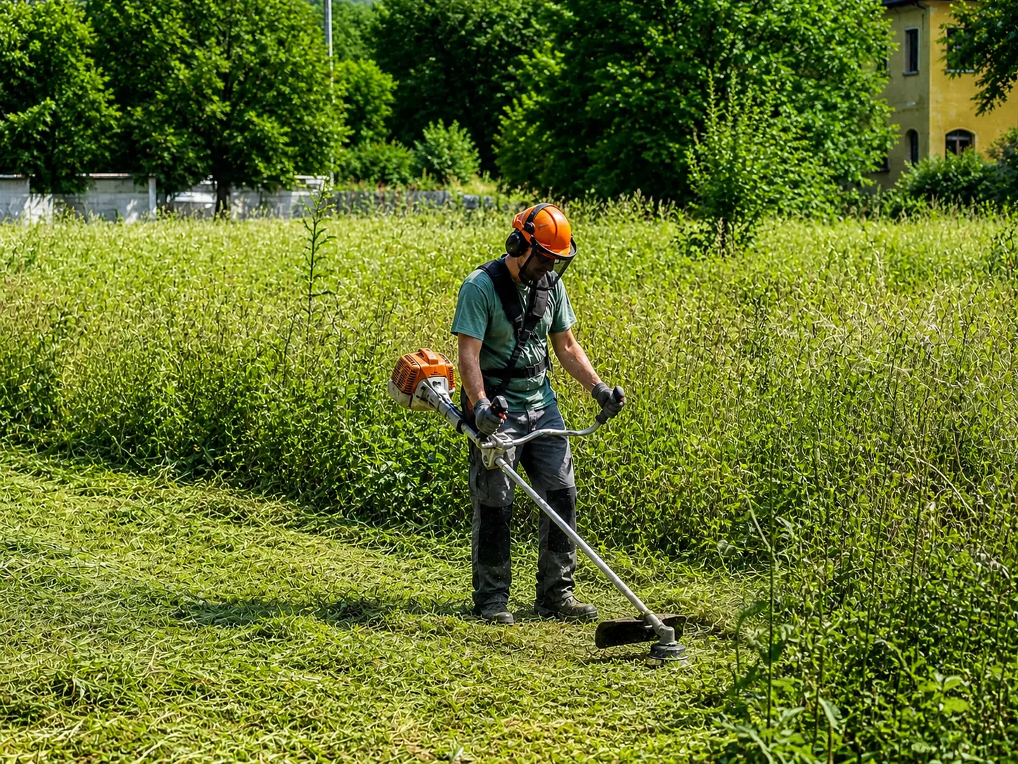 Immagine di professionista che pulisce terreno con decespugliatore